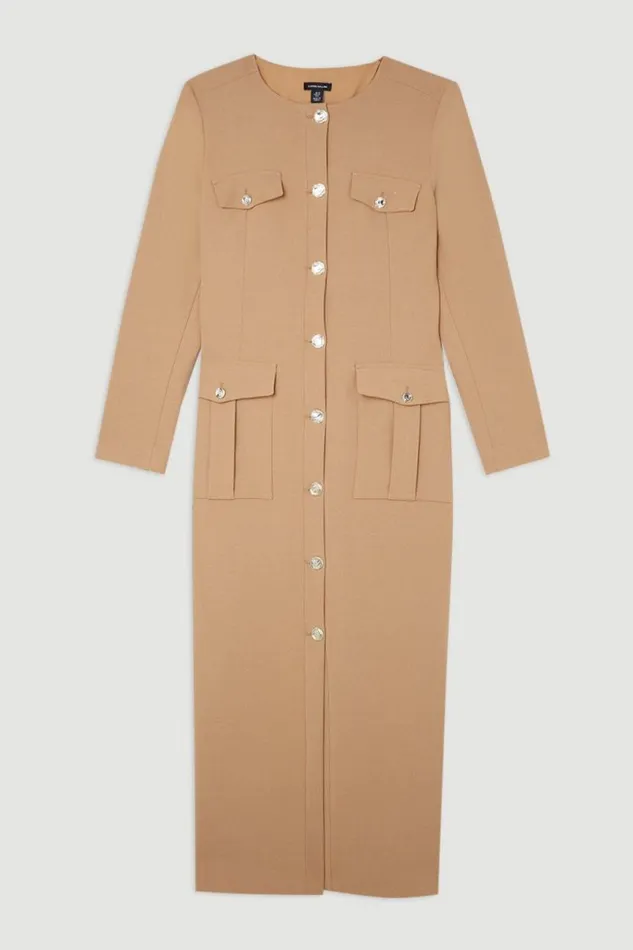Tailored Compact Stretch Button Through Midi Dress Camel Women Karen Millen Dresses