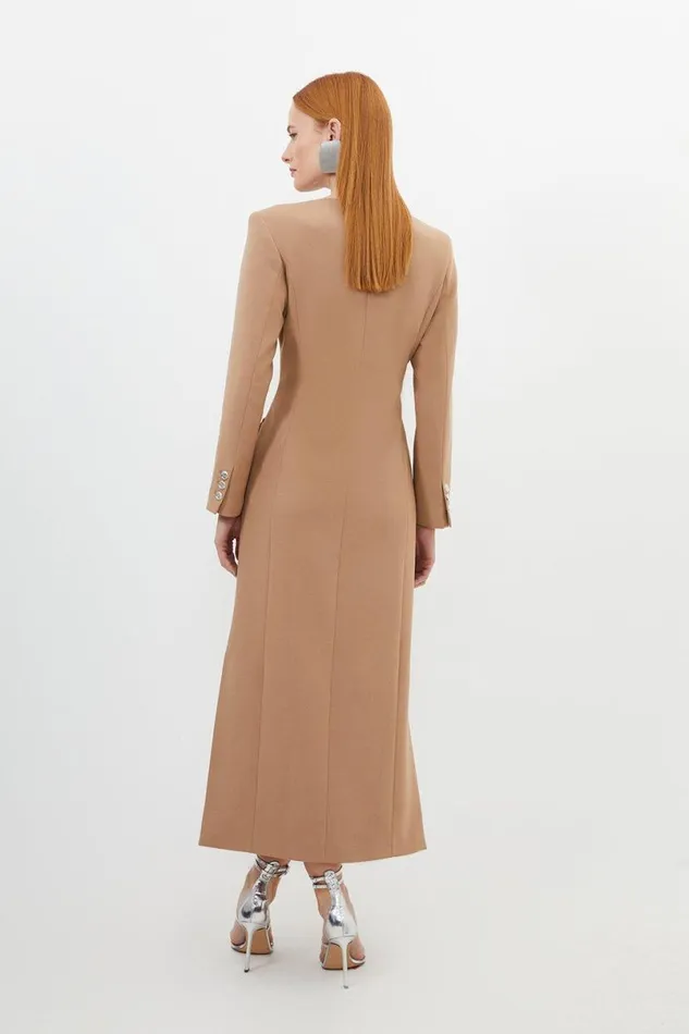 Tailored Compact Stretch Button Through Midi Dress Camel Women Karen Millen Dresses