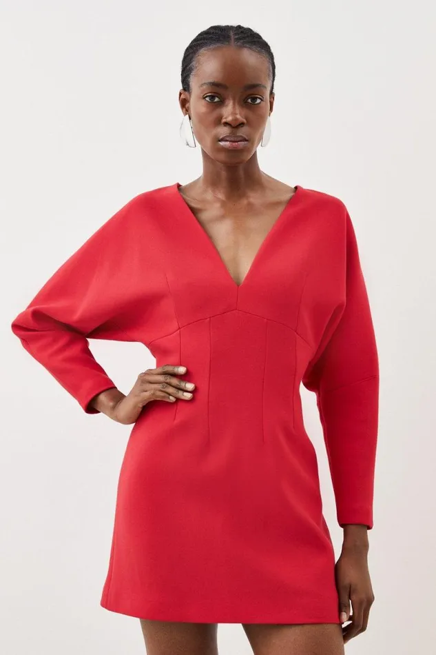 Tailored Compact Stretch Rounded Sleeve Mini Dress Red Women Karen Millen Dresses