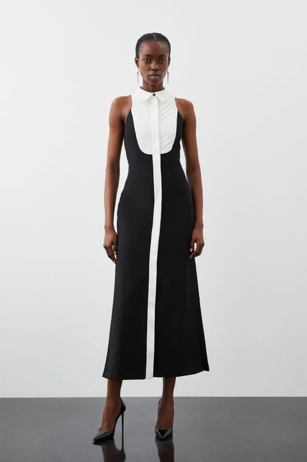 Tailored Compact Stretch Tuxedo Halter Neck Maxi Dress Black Women Karen Millen Dresses