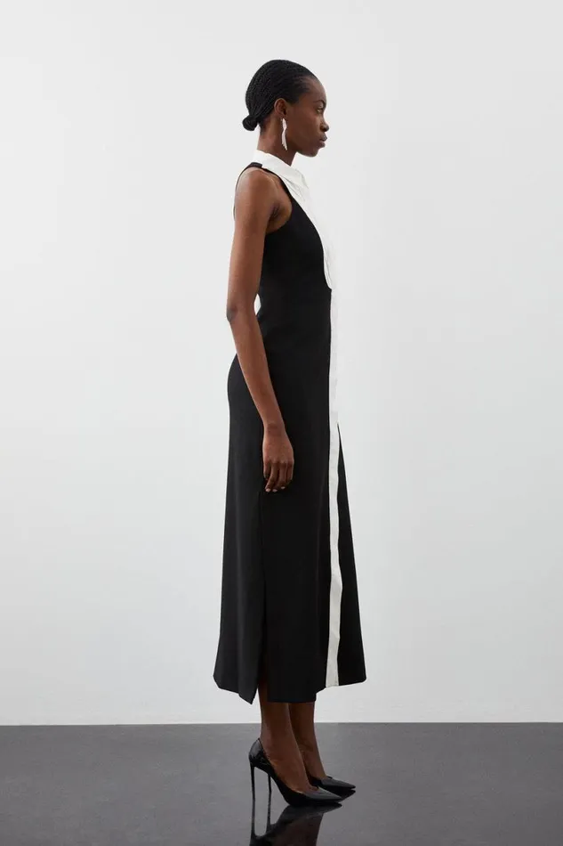 Tailored Compact Stretch Tuxedo Halter Neck Maxi Dress Black Women Karen Millen Dresses