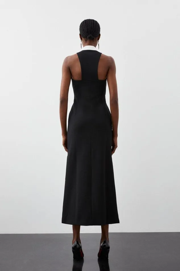 Tailored Compact Stretch Tuxedo Halter Neck Maxi Dress Black Women Karen Millen Dresses
