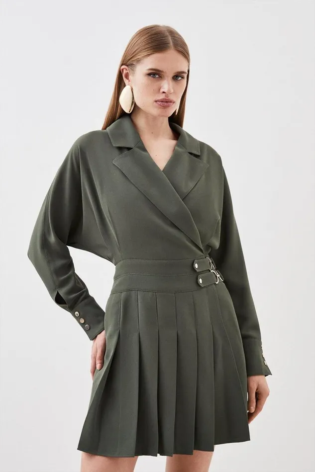 Tailored Crepe Pleated Skirt Wrap Mini Shirt Dress Khaki Women Karen Millen Dresses