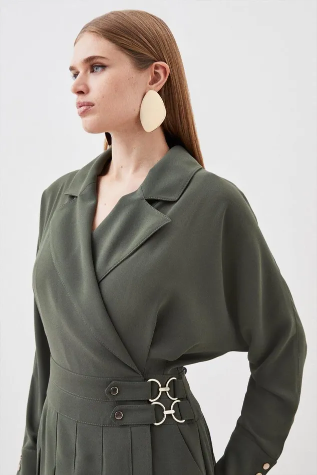 Tailored Crepe Pleated Skirt Wrap Mini Shirt Dress Khaki Women Karen Millen Dresses