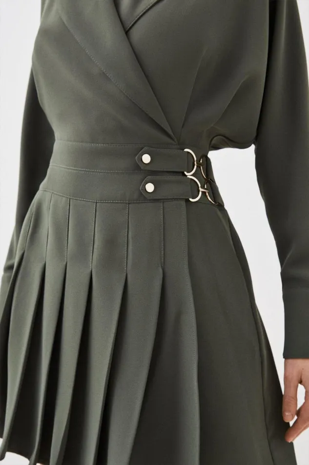 Tailored Crepe Pleated Skirt Wrap Mini Shirt Dress Khaki Women Karen Millen Dresses