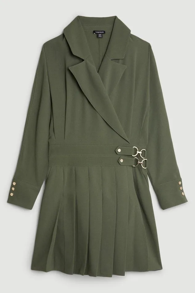 Tailored Crepe Pleated Skirt Wrap Mini Shirt Dress Khaki Women Karen Millen Dresses