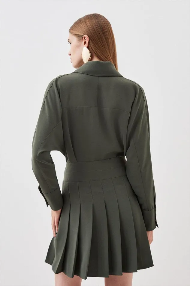 Tailored Crepe Pleated Skirt Wrap Mini Shirt Dress Khaki Women Karen Millen Dresses