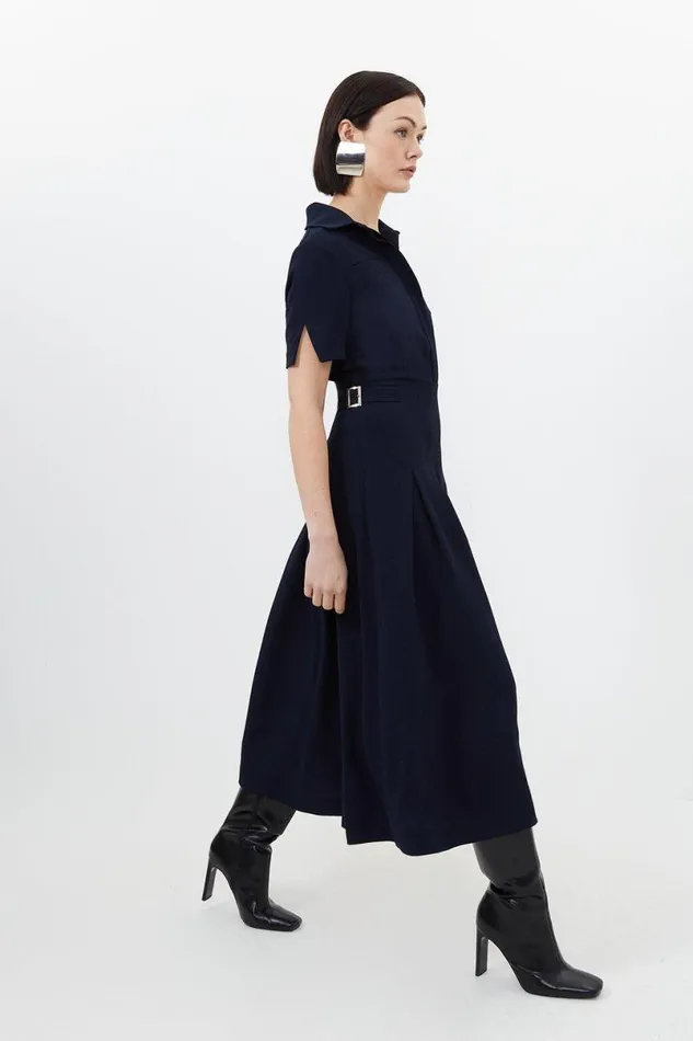 Tailored Crepe Short Sleeve Pleated Midi Dress Navy Women Karen Millen Dresses