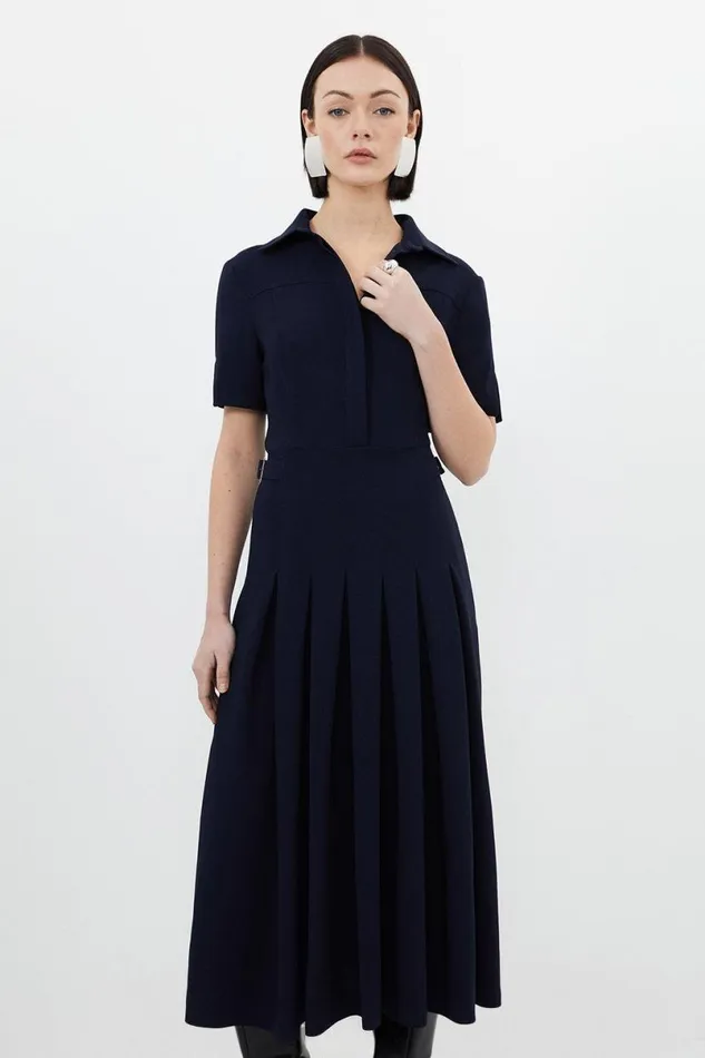Tailored Crepe Short Sleeve Pleated Midi Dress Navy Women Karen Millen Dresses