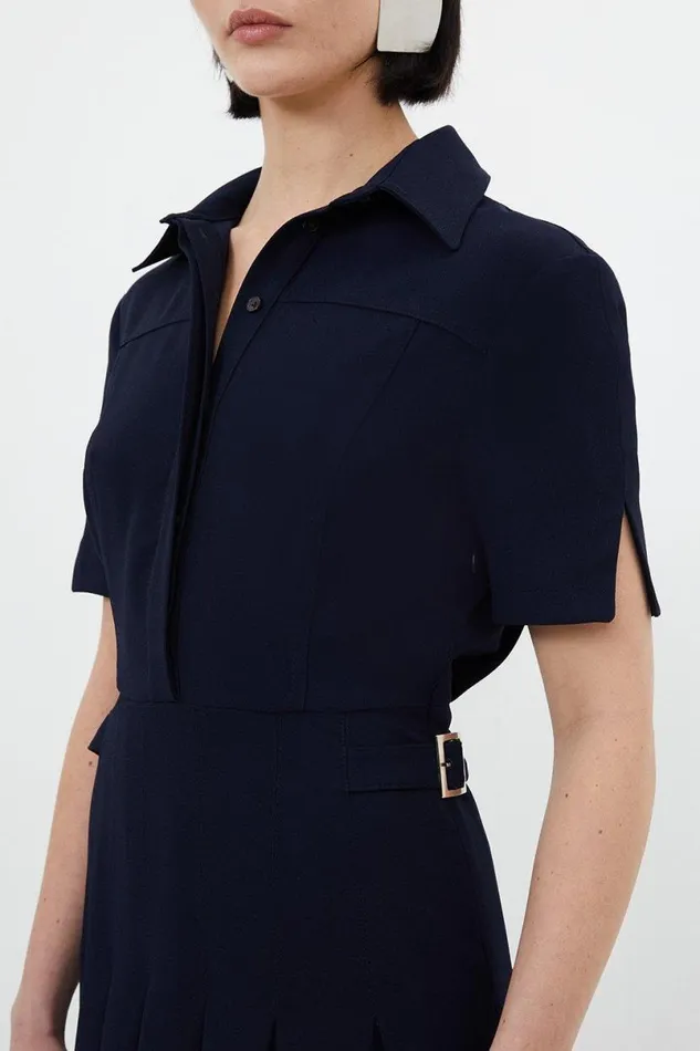 Tailored Crepe Short Sleeve Pleated Midi Dress Navy Women Karen Millen Dresses