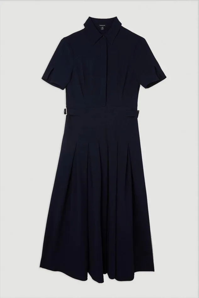 Tailored Crepe Short Sleeve Pleated Midi Dress Navy Women Karen Millen Dresses