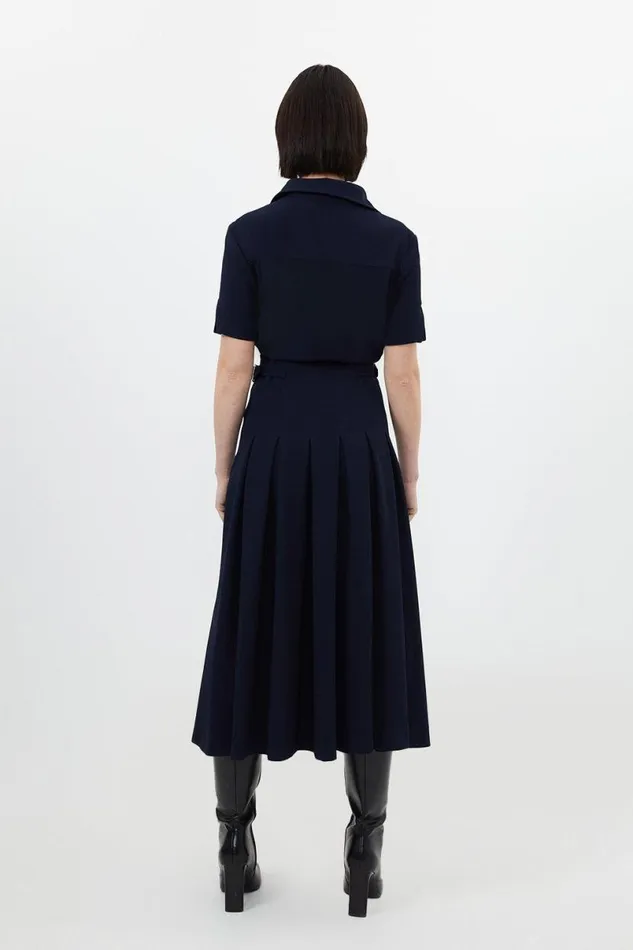 Tailored Crepe Short Sleeve Pleated Midi Dress Navy Women Karen Millen Dresses