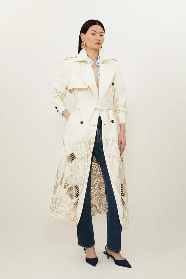Tailored Cutwork Embroidered Belted Trench Coat Ivory Women Karen Millen Coats and Jackets Tailored Cutwork Embroidered Belted Trench Coat Ivory Women Karen Millen Coats and Jackets