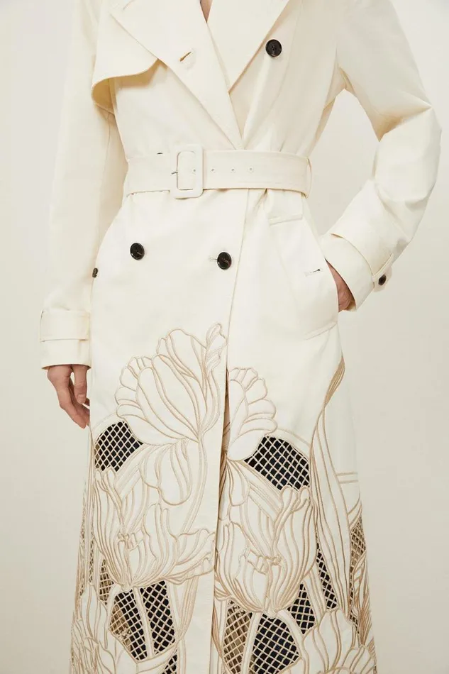 Tailored Cutwork Embroidered Belted Trench Coat Ivory Women Karen Millen Coats and Jackets