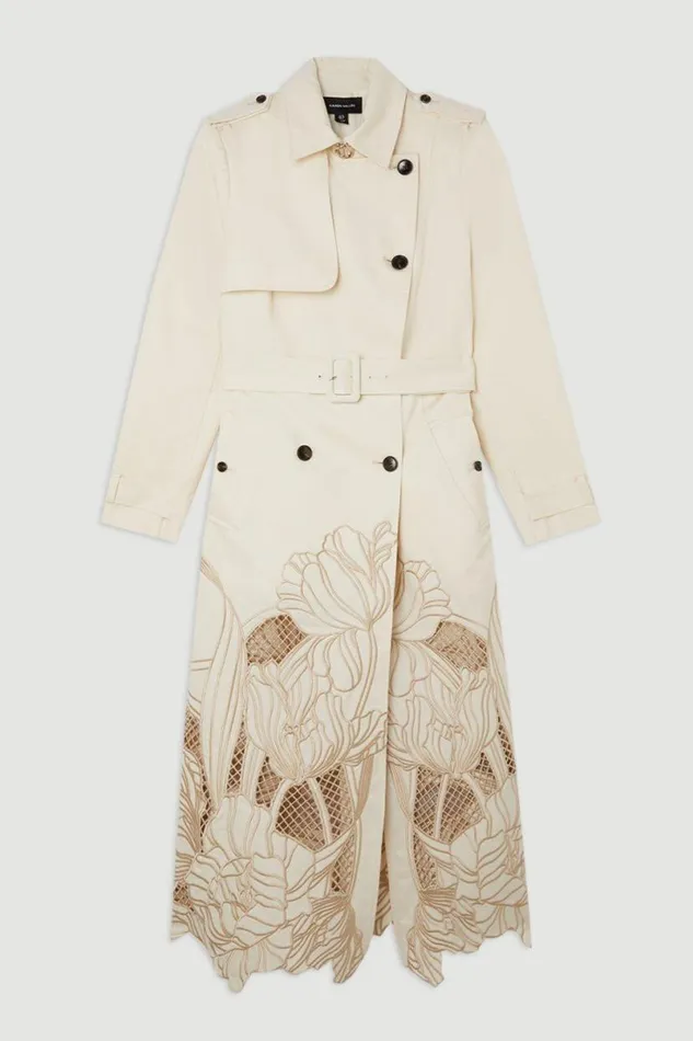 Tailored Cutwork Embroidered Belted Trench Coat Ivory Women Karen Millen Coats and Jackets