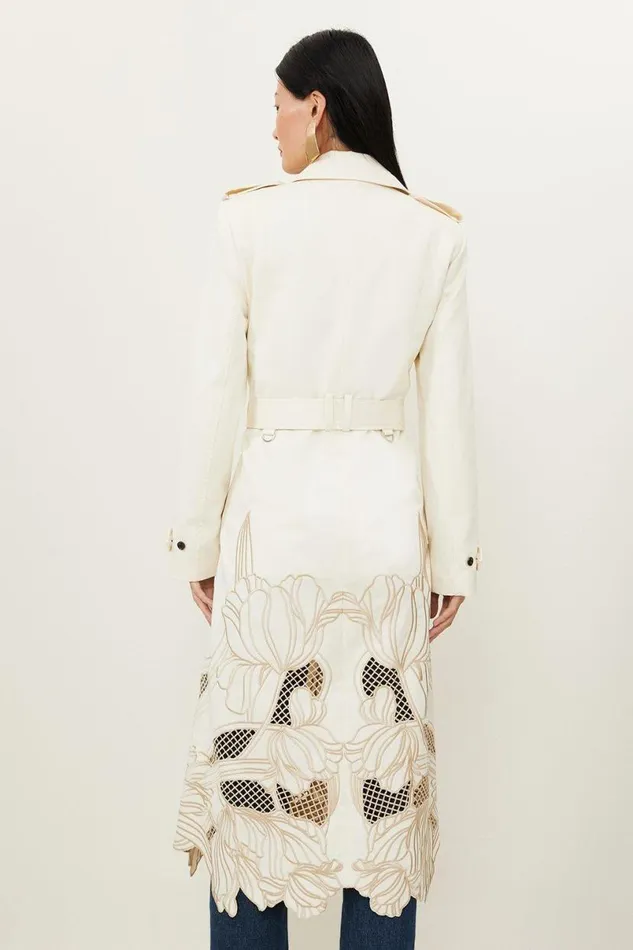 Tailored Cutwork Embroidered Belted Trench Coat Ivory Women Karen Millen Coats and Jackets