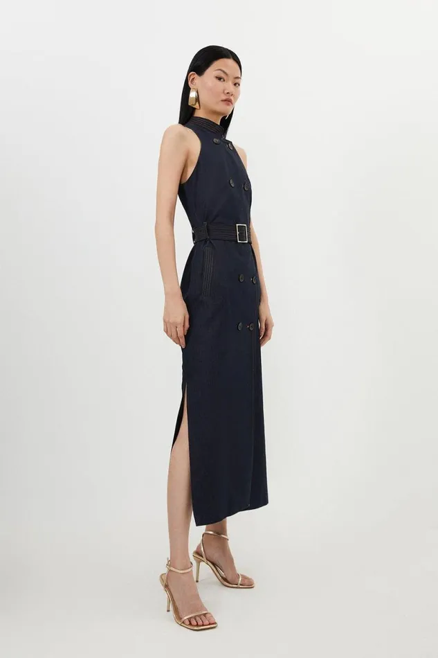 Tailored Denim Double Breasted Belted Midi Dress Denim Women Karen Millen Dresses