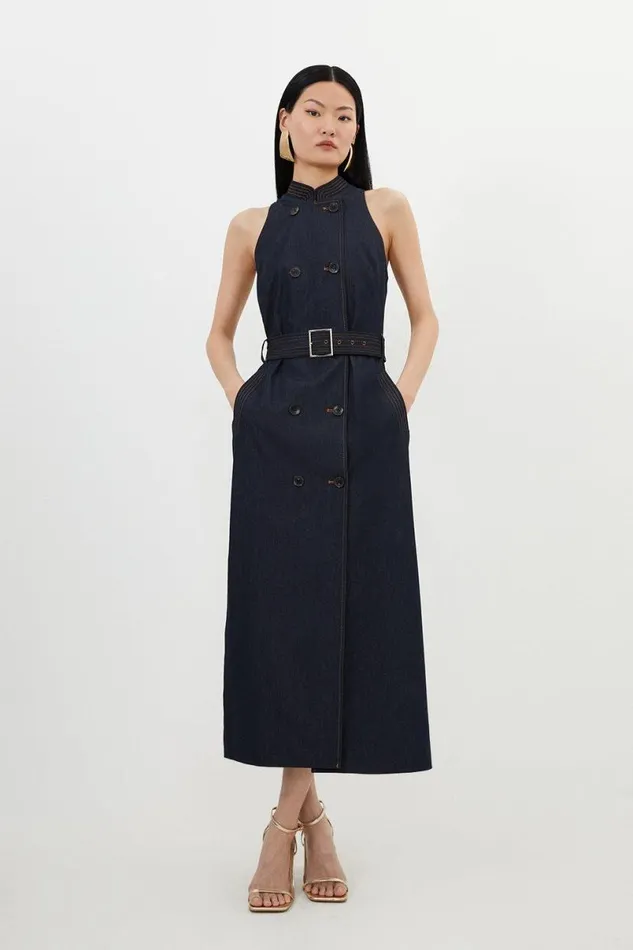 Tailored Denim Double Breasted Belted Midi Dress Denim Women Karen Millen Dresses