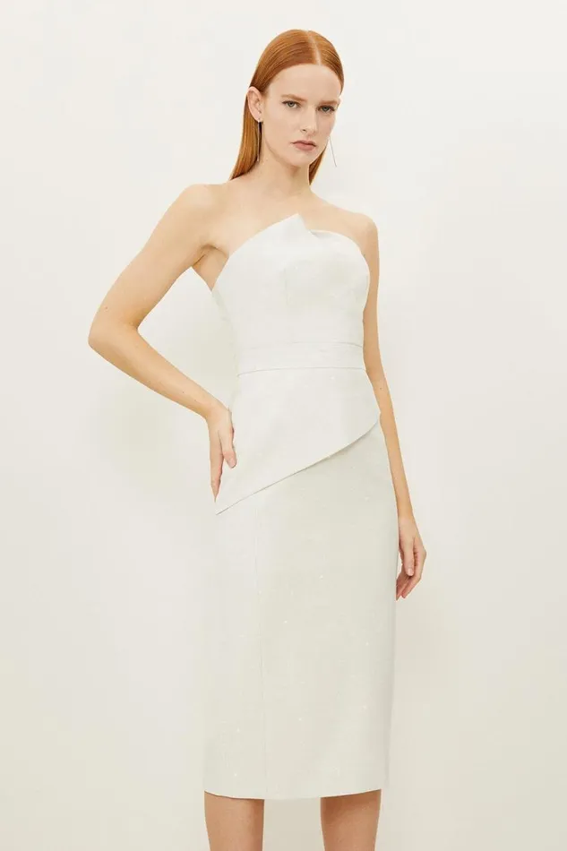Tailored Metallic Bandeau Midi Pencil Dress Ivory Women Karen Millen Dresses