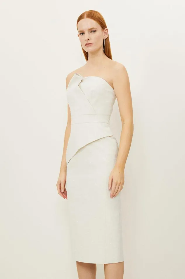 Tailored Metallic Bandeau Midi Pencil Dress Ivory Women Karen Millen Dresses