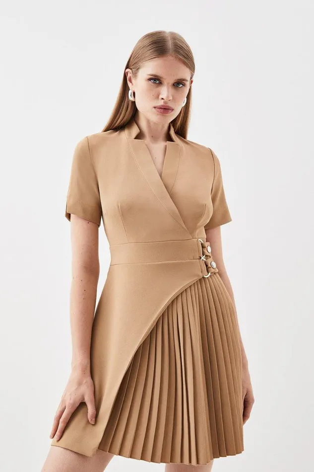 Tailored Military Pleat Notch Neck Wrap Mini Dress Camel Women Karen Millen Dresses