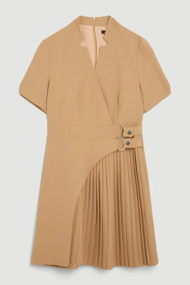 Tailored Military Pleat Notch Neck Wrap Mini Dress Camel Women Karen Millen Dresses