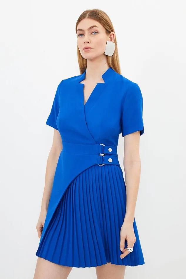 Tailored Military Pleat Notch Neck Wrap Mini Dress Cobalt Women Karen Millen Dresses