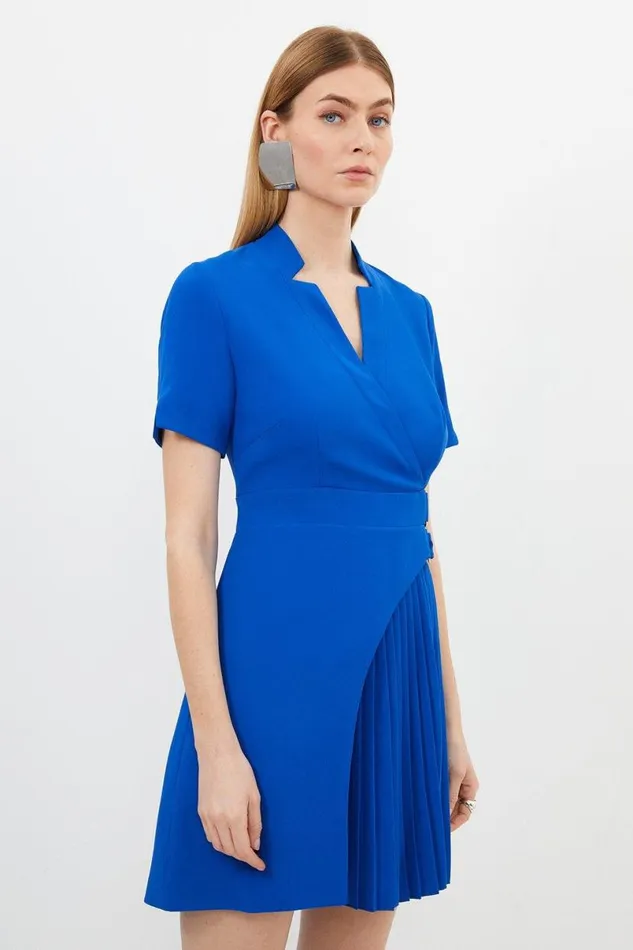 Tailored Military Pleat Notch Neck Wrap Mini Dress Cobalt Women Karen Millen Dresses