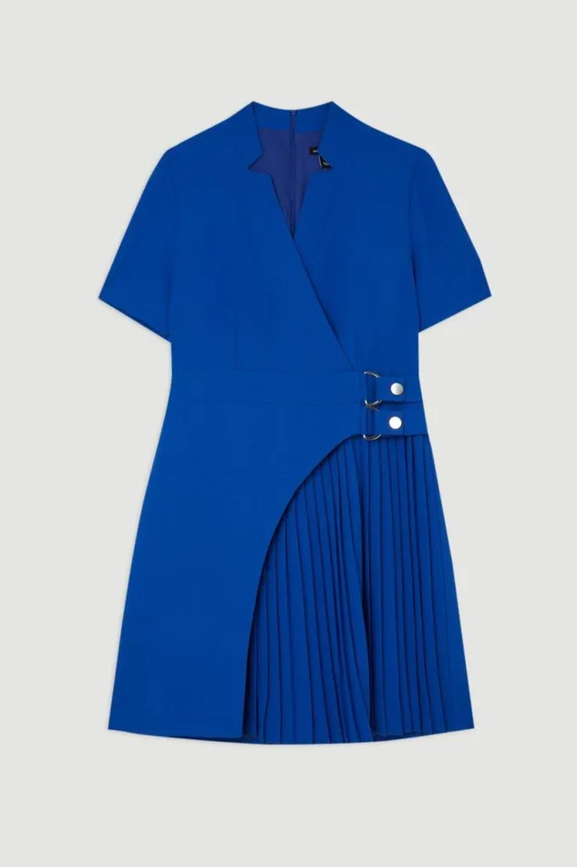 Tailored Military Pleat Notch Neck Wrap Mini Dress Cobalt Women Karen Millen Dresses