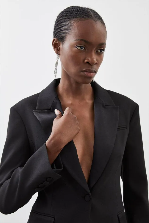Tailored Premium Twill Single Breasted Contrast Detail Blazer Black Women Karen Millen Coats and Jackets