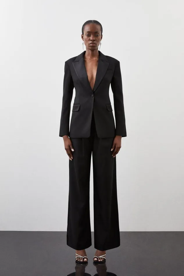 Tailored Premium Twill Single Breasted Contrast Detail Blazer Black Women Karen Millen Coats and Jackets
