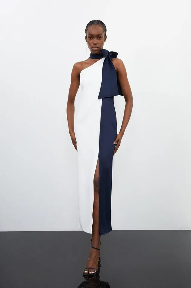 Tailored Satin Back Crepe Tie Neck Contrast Panel Maxi Dress Ivory Women Karen Millen Dresses Tailored Satin Back Crepe Tie Neck Contrast Panel Maxi Dress Ivory Women Karen Millen Dresses