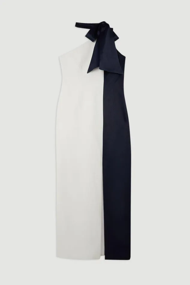 Tailored Satin Back Crepe Tie Neck Contrast Panel Maxi Dress Ivory Women Karen Millen Dresses