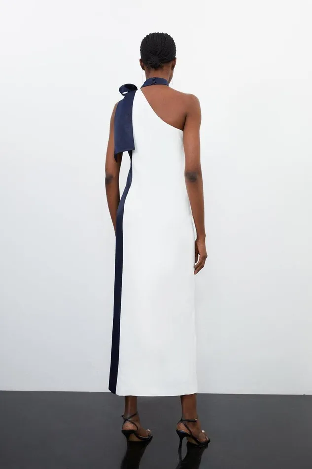 Tailored Satin Back Crepe Tie Neck Contrast Panel Maxi Dress Ivory Women Karen Millen Dresses