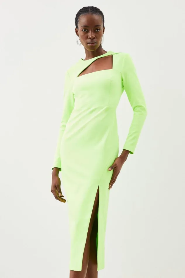 Tailored Stretch Crepe Asymmetric Panel Pencil Dress Neonlime Women Karen Millen Dresses