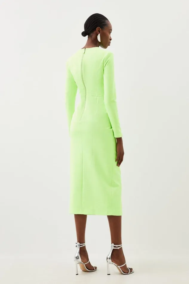 Tailored Stretch Crepe Asymmetric Panel Pencil Dress Neonlime Women Karen Millen Dresses