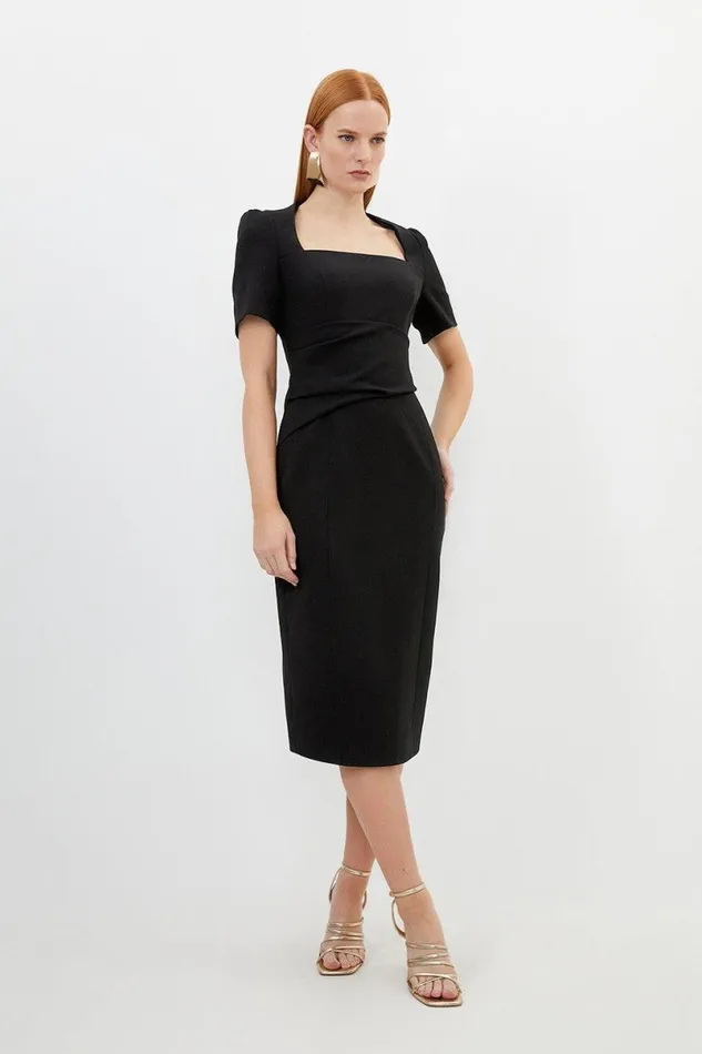 Tailored Structured Crepe Drape Square Neck Midi Dress Black Women Karen Millen Dresses