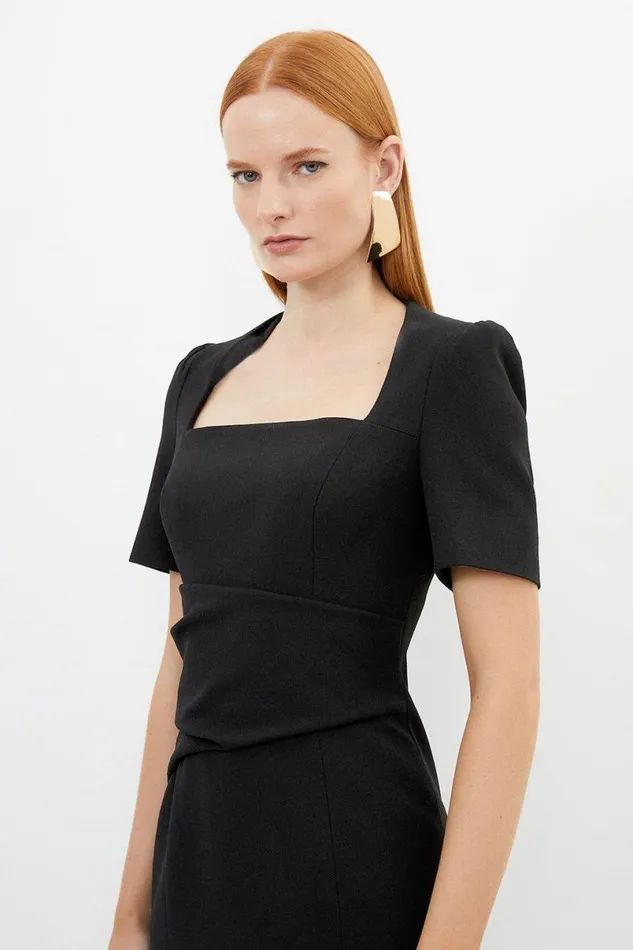 Tailored Structured Crepe Drape Square Neck Midi Dress Black Women Karen Millen Dresses