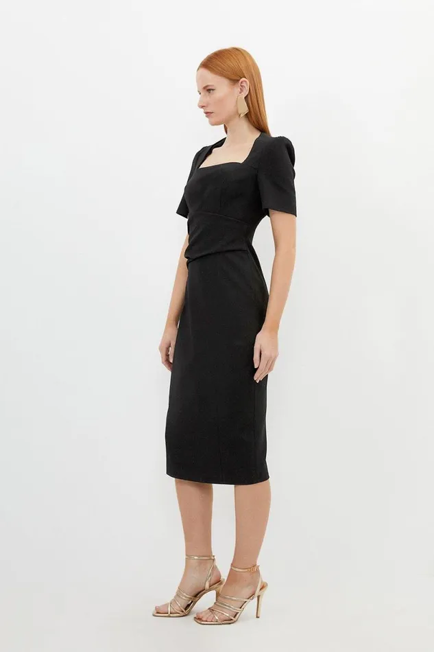 Tailored Structured Crepe Drape Square Neck Midi Dress Black Women Karen Millen Dresses