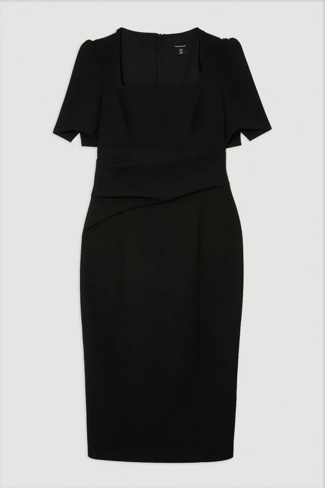 Tailored Structured Crepe Drape Square Neck Midi Dress Black Women Karen Millen Dresses