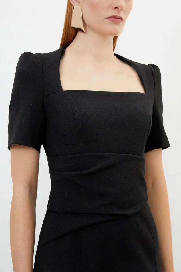 Tailored Structured Crepe Drape Square Neck Midi Dress Black Women Karen Millen Dresses
