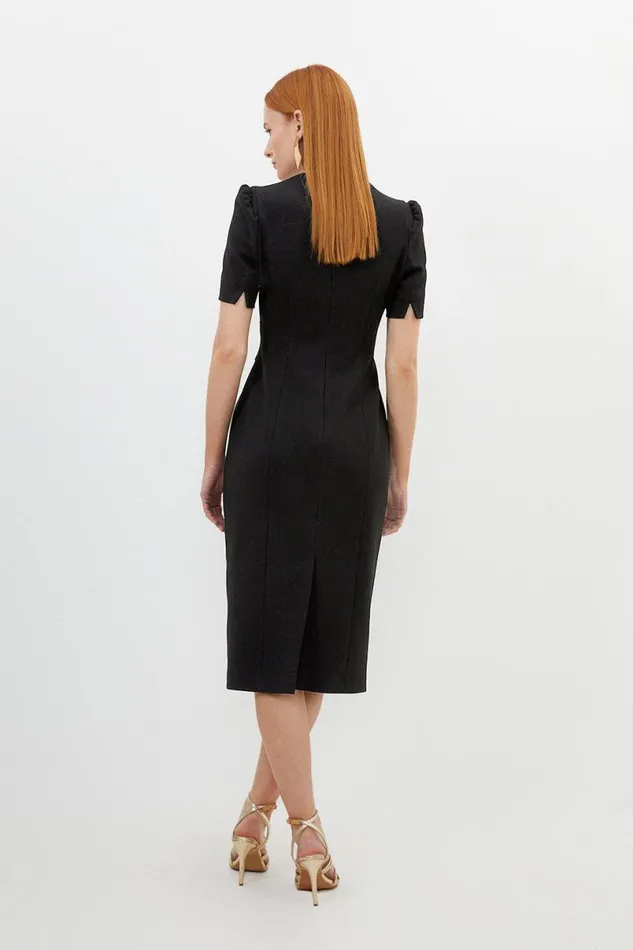 Tailored Structured Crepe Drape Square Neck Midi Dress Black Women Karen Millen Dresses