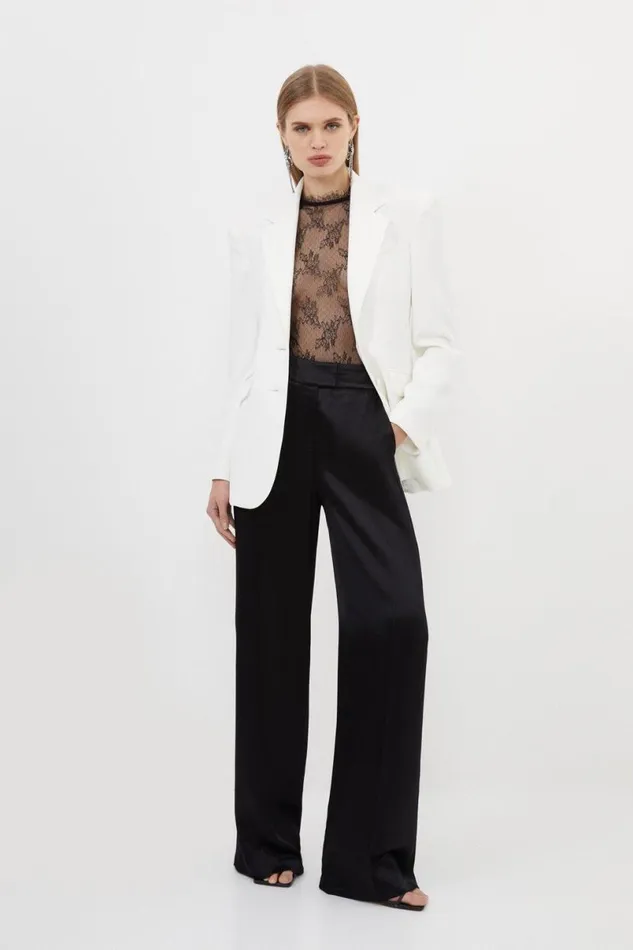 Tailored Viscose Satin Back Crepe Wide Leg Trousers Black Women Karen Millen CoOrds