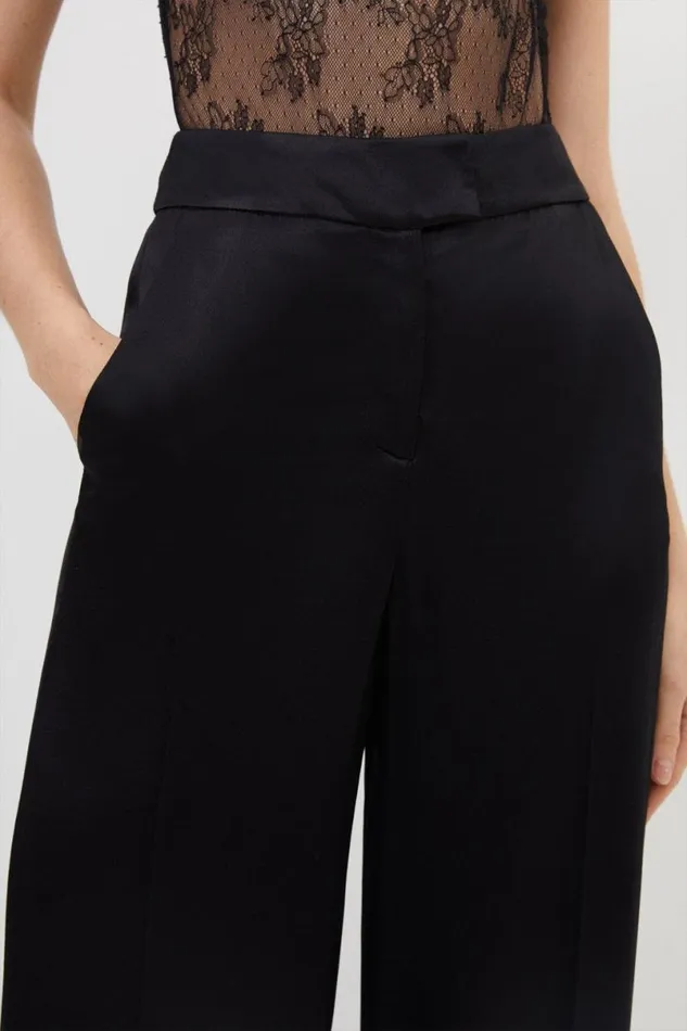 Tailored Viscose Satin Back Crepe Wide Leg Trousers Black Women Karen Millen CoOrds
