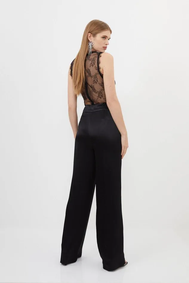 Tailored Viscose Satin Back Crepe Wide Leg Trousers Black Women Karen Millen CoOrds