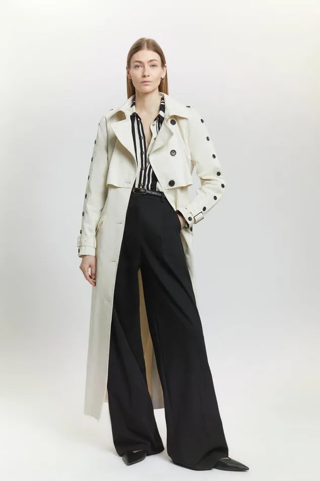 Tall Button Detail Belted Maxi Trench Coat Ivory Women Karen Millen Coats and Jackets