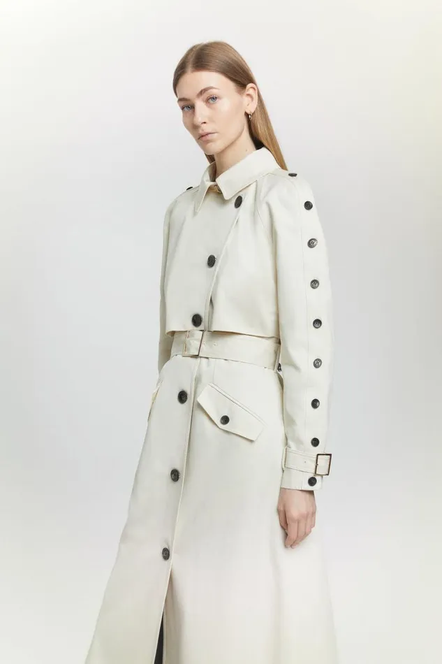 Tall Button Detail Belted Maxi Trench Coat Ivory Women Karen Millen Coats and Jackets