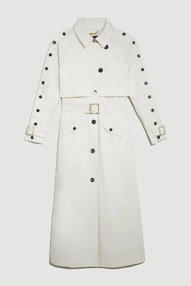 Tall Button Detail Belted Maxi Trench Coat Ivory Women Karen Millen Coats and Jackets