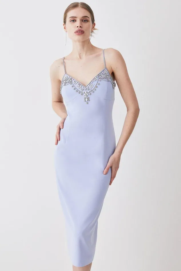 Tall Crystal Embellished Strappy Woven Midi Dress Blue Women Karen Millen Dresses