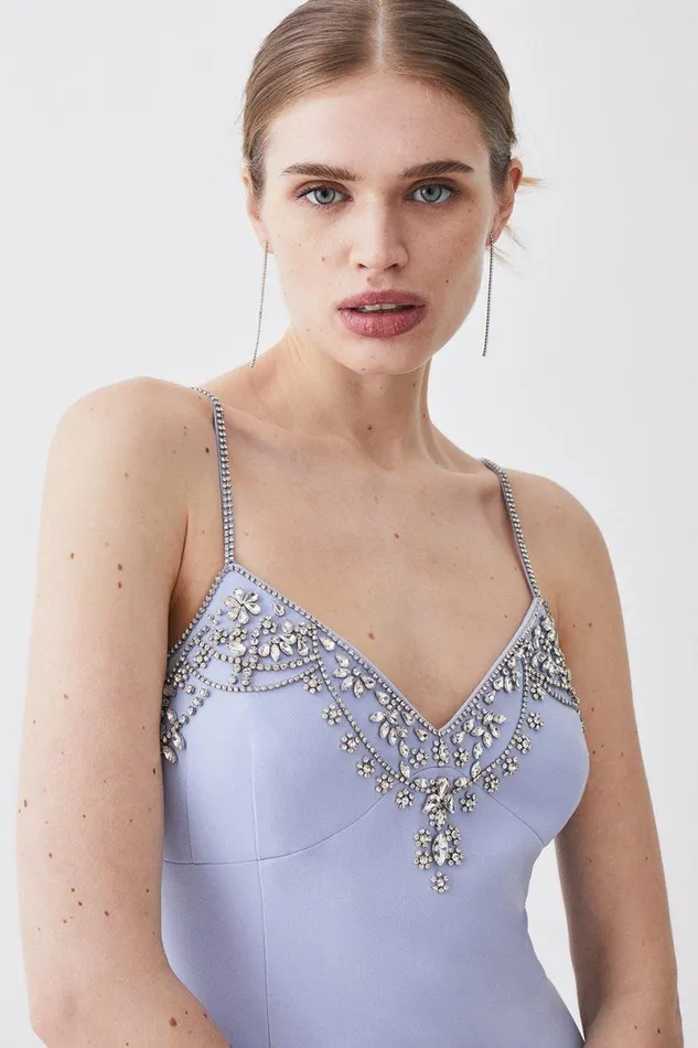 Tall Crystal Embellished Strappy Woven Midi Dress Blue Women Karen Millen Dresses